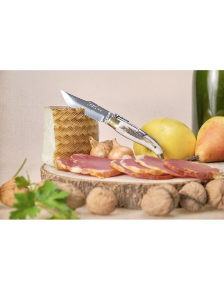 Navaja Albaceteña de 7 cm de hoja, de acero inox con cuerpo de latón y mango de asta de Ciervo.