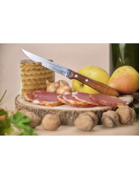 Cuchillo chuletero de hoja de acero inoxidable dentada de 105 mm y mango de Madera de haya comprimida y laminas de resina.