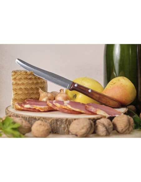 Cuchillo de mesa de hoja acero inoxidable microperlada de 110 mm y mango de Madera de haya comprimida y laminas de resina.